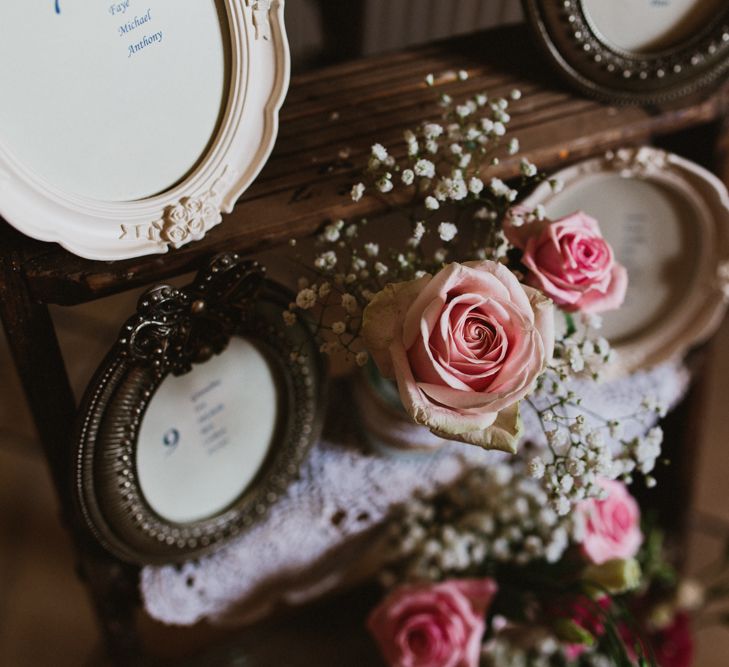 Vintage Pink Roses, Step Ladder Table Plan with Ornate Frames & Doily Decor | Ally M Photography