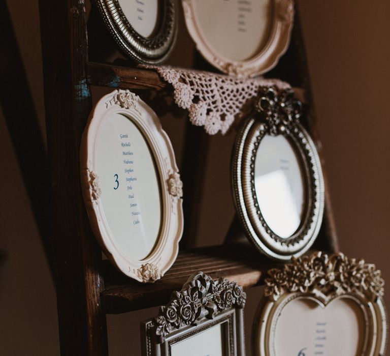 Vintage Step Ladder Table Plan with Ornate Frames & Doily Decor | Ally M Photography