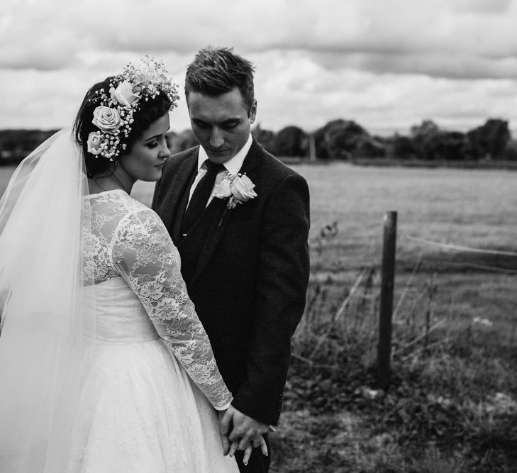 Bride in Bespoke Something Blue Tea Length Wedding Dress | Pastel Flower Crown & Bouquet | Groom in Brown Tweet Suit | Ally M Photography