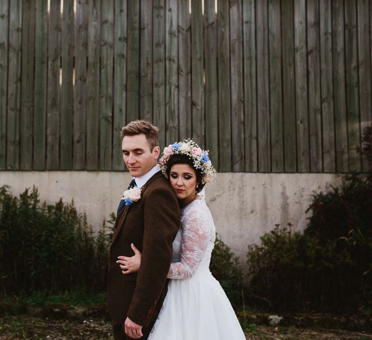 Bride in Bespoke Something Blue Tea Length Wedding Dress | Pastel Flower Crown & Bouquet | Groom in Brown Tweet Suit | Ally M Photography