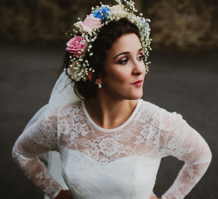 Bride in Bespoke Something Blue Tea Length Wedding Dress | Pastel Flower Crown & Bouquet | Ally M Photography