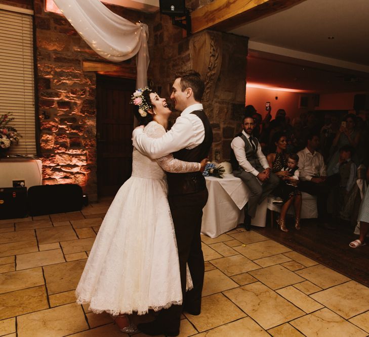 First Dance | Bride in Bespoke Something Blue Tea Length Wedding Dress | Pastel Flower Crown & Bouquet | Groom in Brown Tweet Suit | Ally M Photography