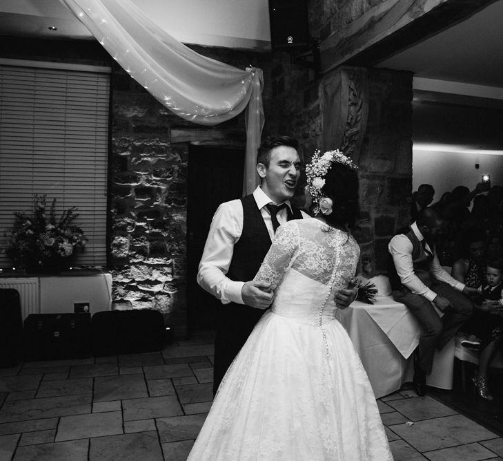 First Dance | Bride in Bespoke Something Blue Tea Length Wedding Dress | Pastel Flower Crown & Bouquet | Groom in Brown Tweet Suit | Ally M Photography