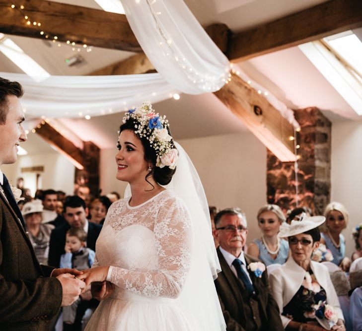 Wedding Ceremony | Bride in Bespoke Something Blue Tea Length Wedding Dress | Pastel Flower Crown & Bouquet | Ally M Photography