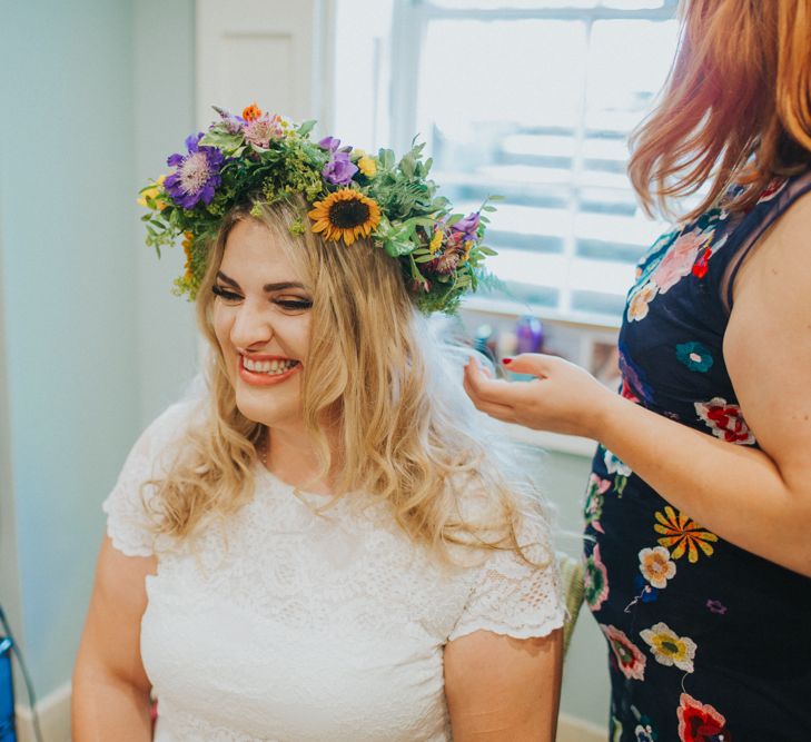 Bride in ASOS Gown & Flower Crown | Bright DIY Back Garden Wedding | Lisa Webb Photography