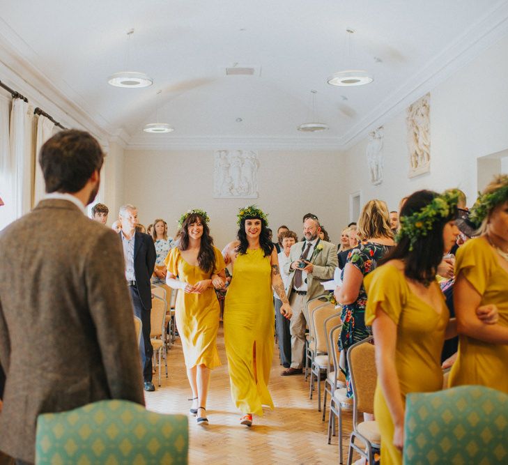 Wedding Ceremony | Bridesmaids in Yellow Topshop & ASOS Dresses | Bright DIY Back Garden Wedding | Lisa Webb Photography