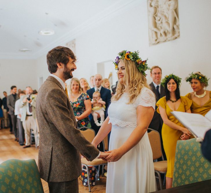 Wedding Ceremony | Bride in ASOS Wedding Dress | Groom in Tweed Suit | Bright DIY Back Garden Wedding | Lisa Webb Photography