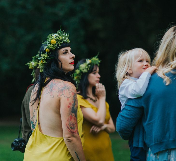 Bridesmaid in Yellow Dress with Flower Crown | Bright DIY Back Garden Wedding | Lisa Webb Photography