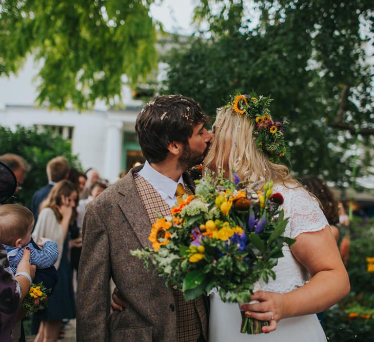 Bride in ASOS Wedding Dress | Groom in Tweed Suit | Bright DIY Back Garden Wedding | Lisa Webb Photography | Bright DIY Back Garden Wedding | Lisa Webb Photography