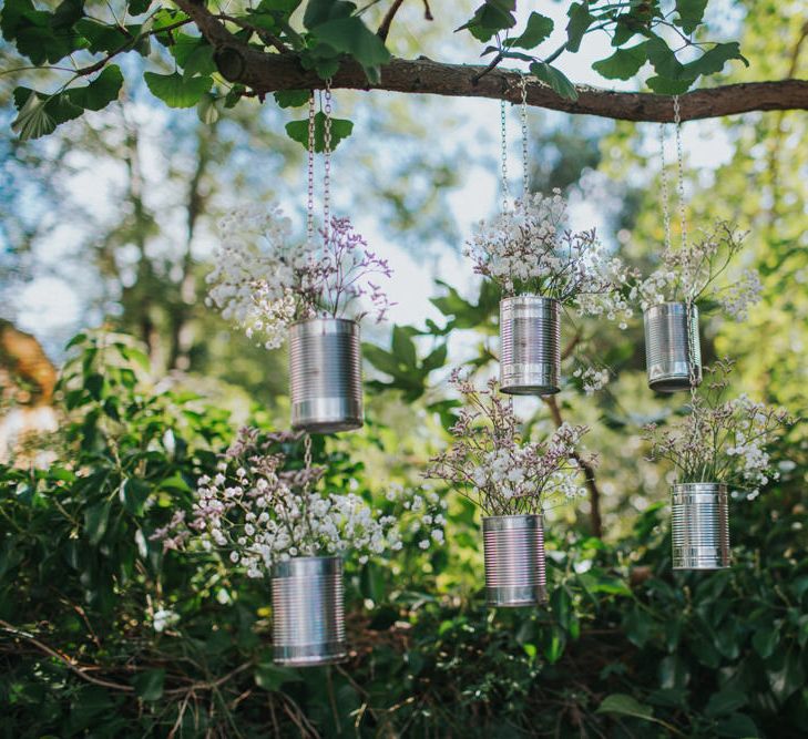 Hanging Tin Can Wedding Decor | Bright DIY Back Garden Wedding | Lisa Webb Photography | Bright DIY Back Garden Wedding | Lisa Webb Photography