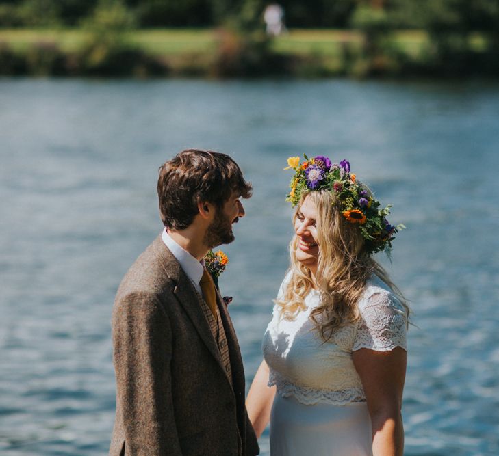 Bride in ASOS Wedding Dress | Groom in Tweed Suit | Bright DIY Back Garden Wedding | Lisa Webb Photography | Bright DIY Back Garden Wedding | Lisa Webb Photography