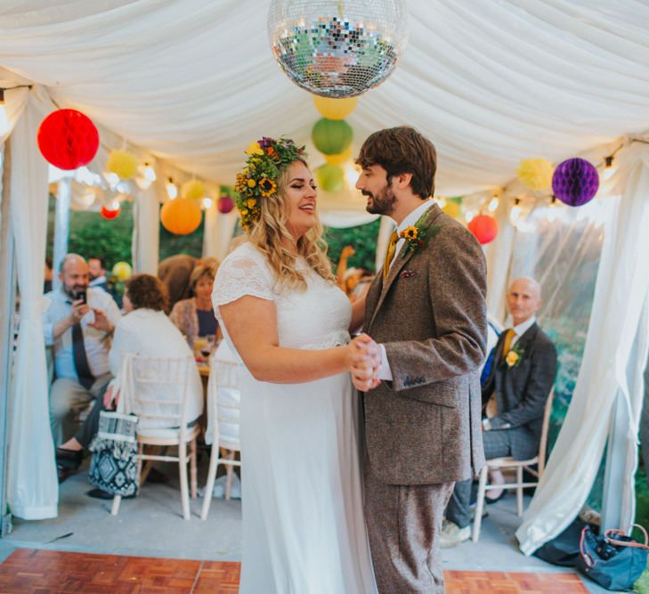 First Dance | Bride in ASOS Wedding Dress | Groom in Tweed Suit | Bright DIY Back Garden Wedding | Lisa Webb Photography | Bright DIY Back Garden Wedding | Lisa Webb Photography