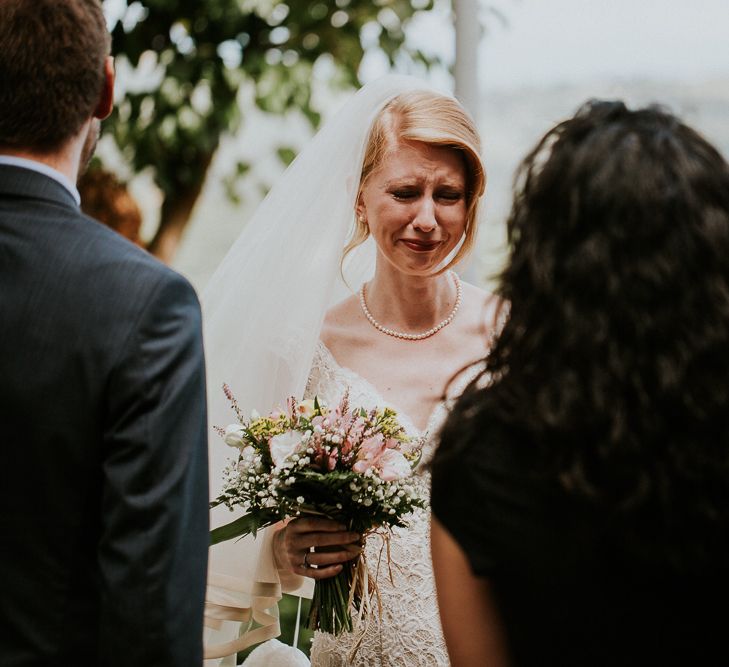 Outdoor Wedding Ceremony | Bride in David's Bridal Wedding Dress | Intimate Love Memories Photography