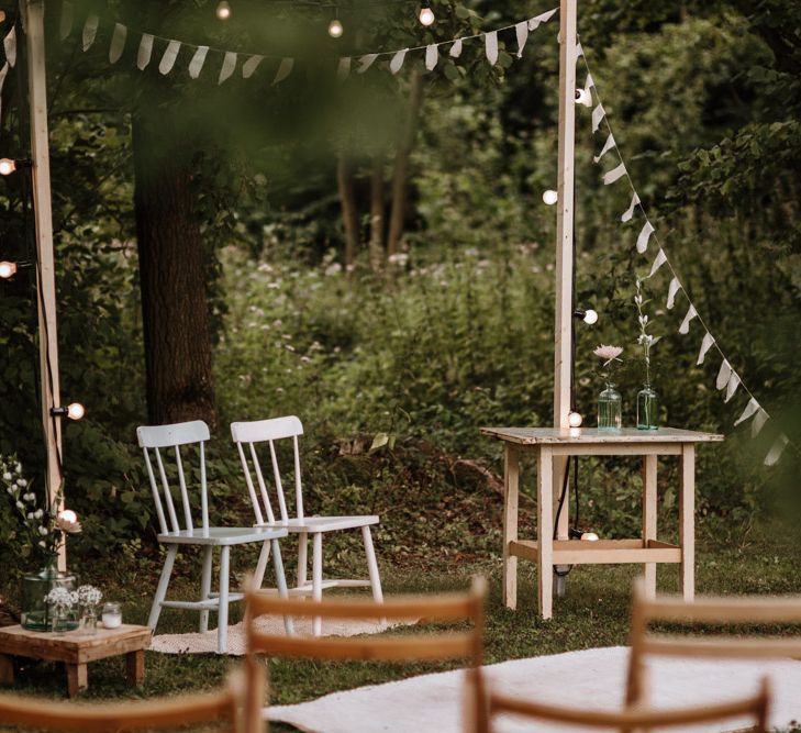 Outdoor Wedding Ceremony With Bunting & Festoon Lights