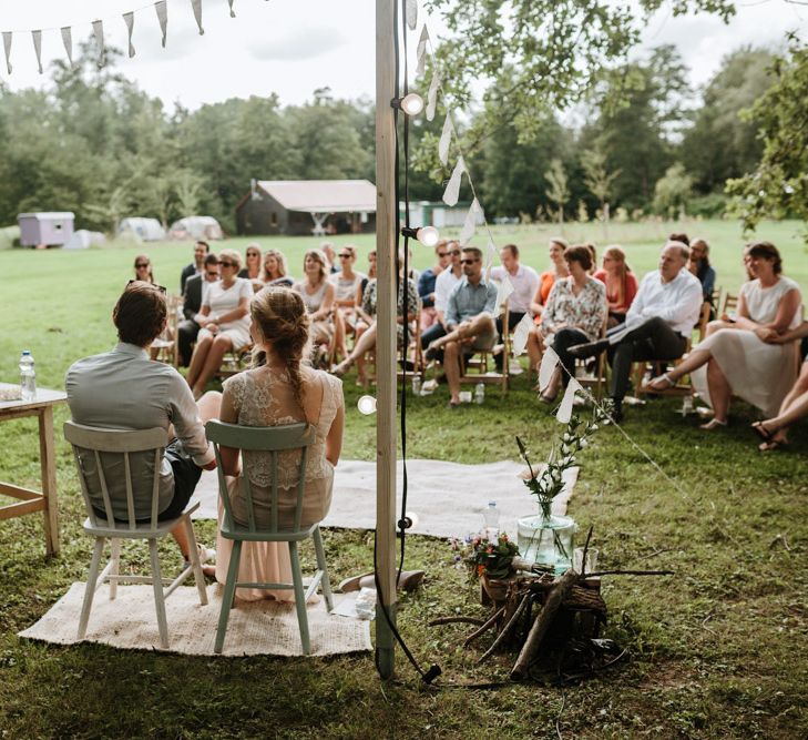 Outdoor Wedding Ceremony With Bunting & Festoon Lights