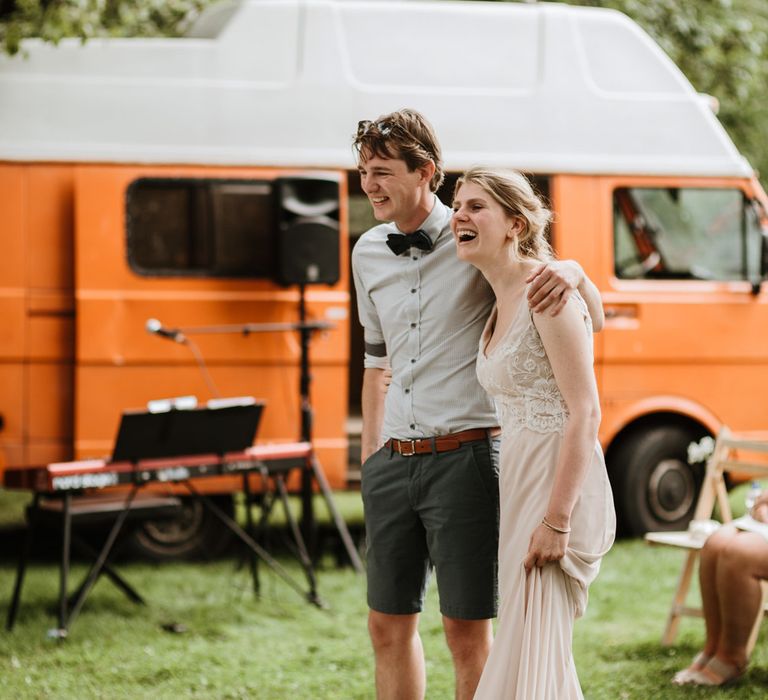 Outdoor Wedding Ceremony With Bunting & Festoon Lights