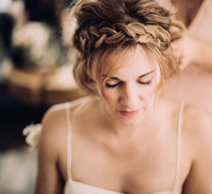 Halo Braid For Bride // Rime Arodaky Bride For A Stylish Artistic & Bohemian French Wedding At La Dime De Giverny France With Images From Paris Wedding Photographer Juli Etta