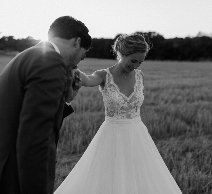 Bride in Nicolas Fafiotte Wedding Dress & Groom in Faubourg Saint-Sulpice Suit | Sebastien Boudot Photography