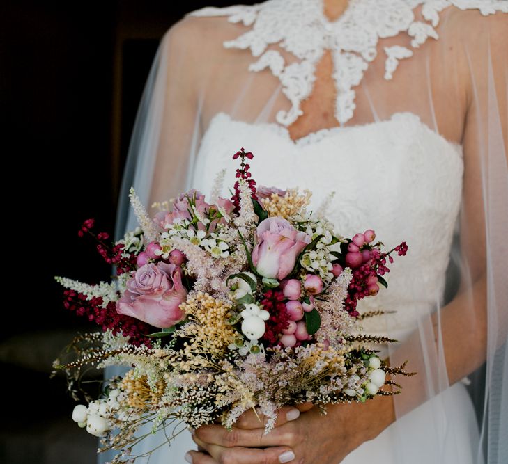 Rustic Wedding In Italy With Dried Flower Bouquets & Flower Crowns And Bride In High Necked Lace Gown With Images From Andrea Calvano