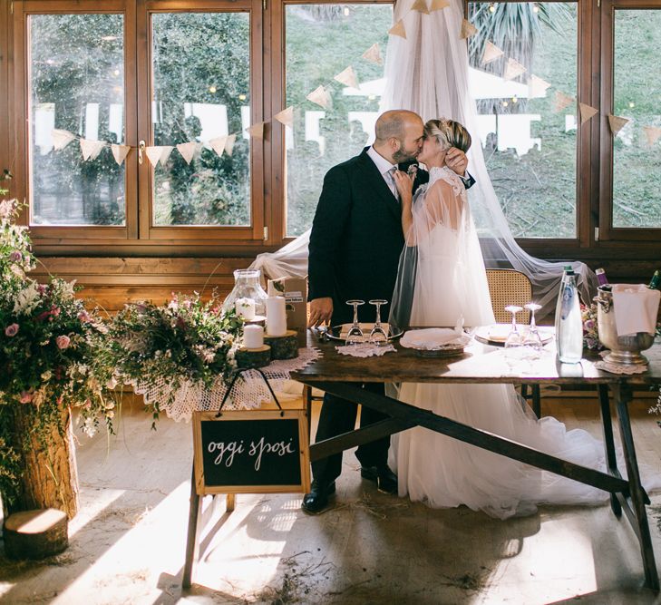 Rustic Wedding In Italy With Dried Flower Bouquets & Flower Crowns And Bride In High Necked Lace Gown With Images From Andrea Calvano