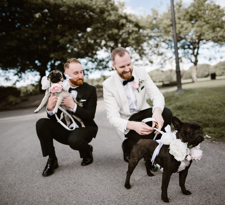 Groom & Groom in Tuxedos with Pugs in Floral Collars