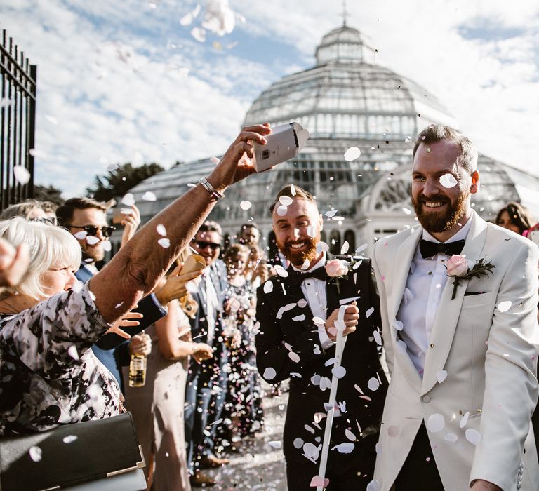 Groom & Groom in Tuxedos Confetti Portraits