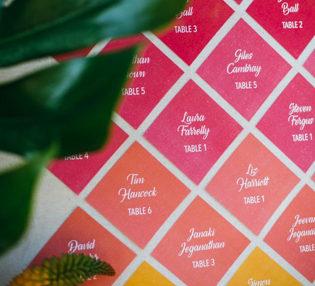 Pink & Orange Ombre Wedding Table Plan With Diamonds