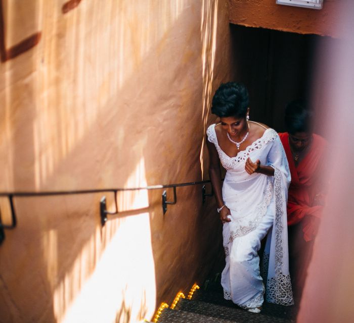 Bride In White & Gold Sari