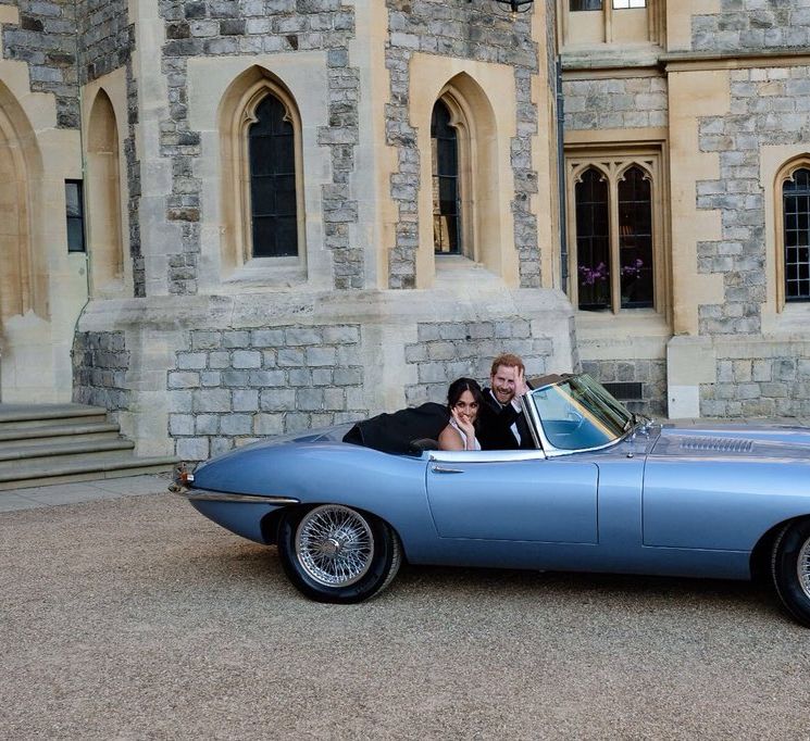 Meghan Markle & Prince Harry In E-Type Jaguar Wedding Reception Frogmore House Meghan Wears Stella McCartney