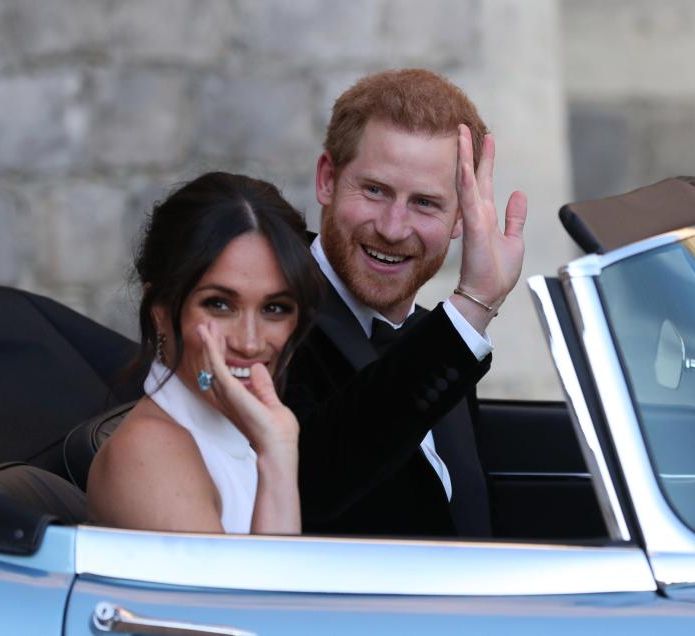 Meghan Markle & Prince Harry In E-Type Jaguar Wedding Reception Frogmore House Meghan Wears Stella McCartney