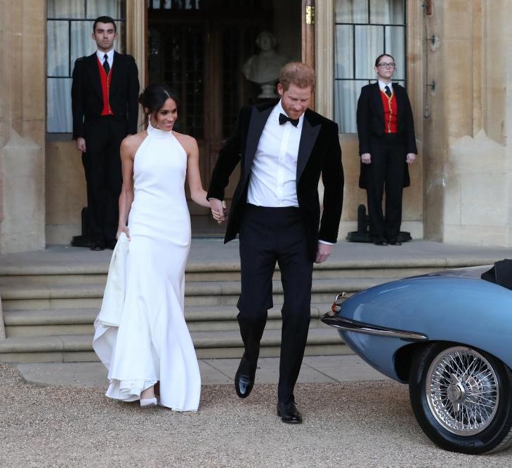 Meghan Markle & Prince Harry In E-Type Jaguar Wedding Reception Frogmore House Meghan Wears Stella McCartney