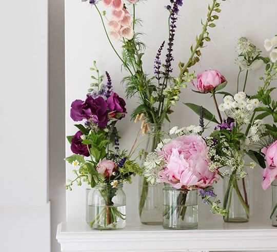 Foxgloves & Peonies In Bud Vases For Wedding Decor // Image By A Quiet Style