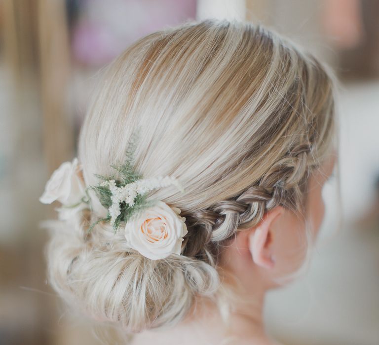 Bridal Up Do With Flowers | Outdoor Peach Wedding at Courteenhall House in Northamptonshire Planned by Your Story Events | Ferri Photography