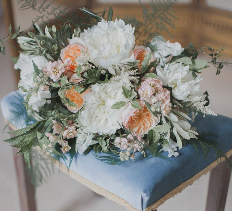 White & Peach Wedding Bouquet | Outdoor Peach Wedding at Courteenhall House in Northamptonshire Planned by Your Story Events | Ferri Photography