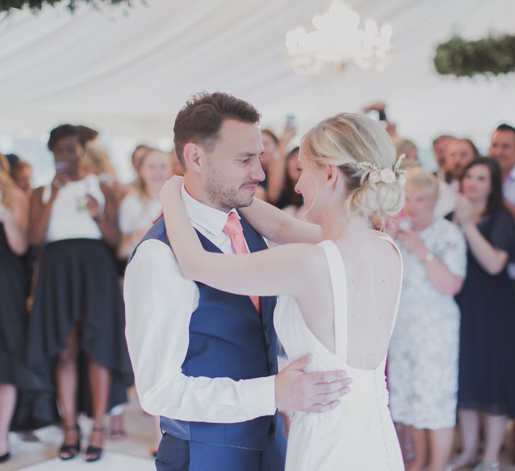 First Dance | Bride in Justin Alexander Gown | Groom in Moss Bros Suit | Outdoor Peach Wedding at Courteenhall House in Northamptonshire Planned by Your Story Events | Ferri Photography