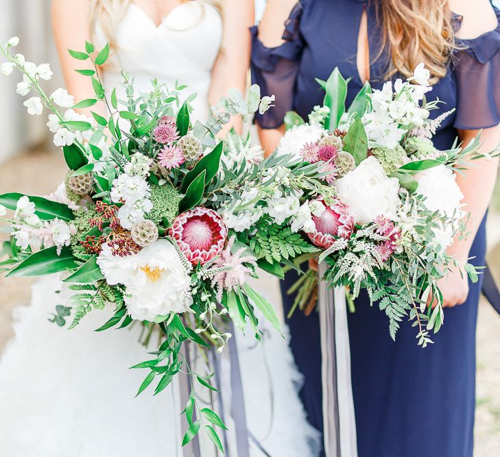 Organic Bridal Bouquets with Protea Stems & Ribbon | White Stag Wedding Photography