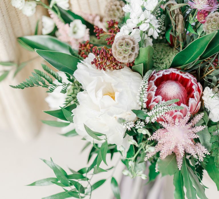 Oversized Bridal Bouquet with Protea & Ribbons | White Stag Wedding Photography