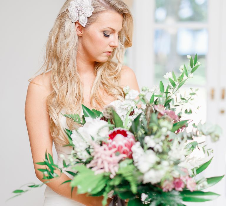 Bride in Pronovias Wedding Dress with Oversized Bouquet | White Stag Wedding Photography