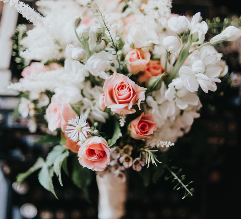 White Stocks & Pink Spray Rose Bouquet | Classic Marquee Reception at Chippenham Park | Eliza Claire Photography