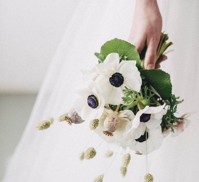 Anemone Flower Wedding Bouquet // Minimal Elegant Bridal Inspiration Shoot With Ikebana Inspired Floral Arrangements By Kitten Grayson // Planned & Styled By Anemone Style // Images Genevieve Wedding Photography