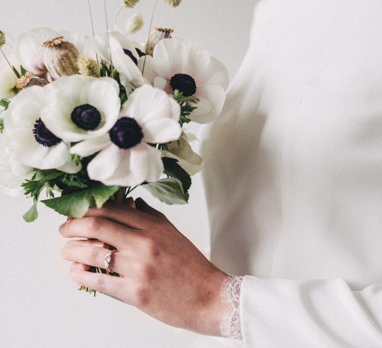 Anemone Flower Wedding Bouquet // Minimal Elegant Bridal Inspiration Shoot With Ikebana Inspired Floral Arrangements By Kitten Grayson // Planned & Styled By Anemone Style // Images Genevieve Wedding Photography