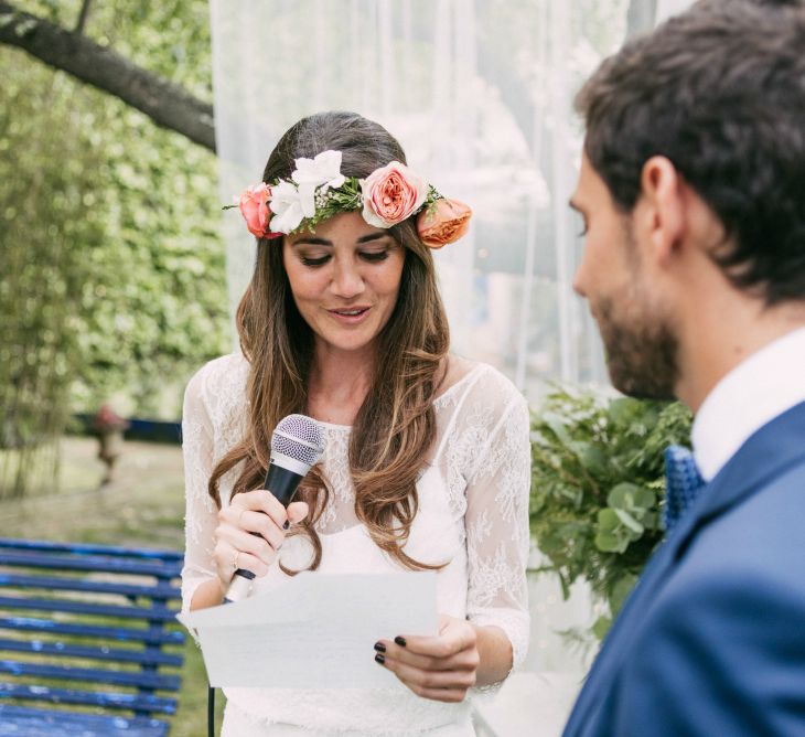 Spanish Outdoor Wedding Ceremony | Boho Bride in Veronica Miranda Bridal Separates & Flower Crown & Groom in Navy Suit & Bow Tie