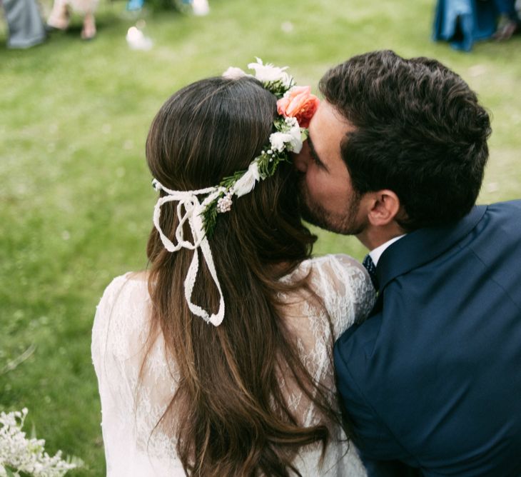 Spanish Outdoor Wedding Ceremony | Boho Bride in Veronica Miranda Bridal Separates & Flower Crown & Groom in Navy Suit & Bow Tie