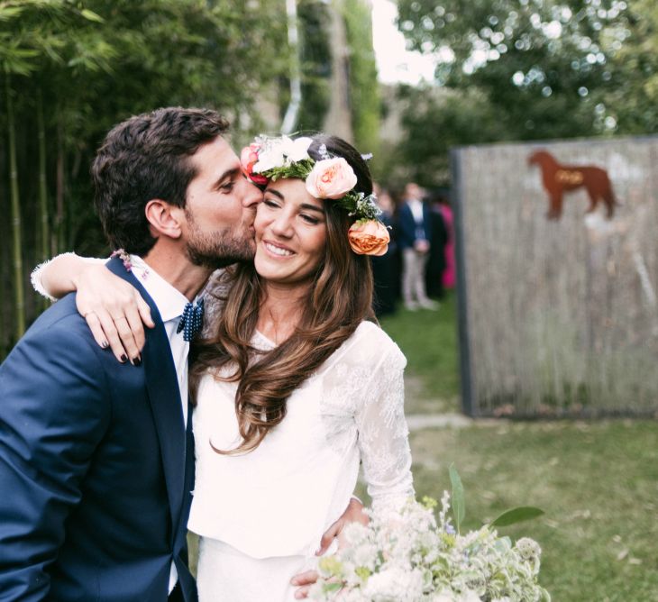 Spanish Outdoor Wedding Ceremony | Boho Bride in Veronica Miranda Bridal Separates & Flower Crown & Groom in Navy Suit & Bow Tie