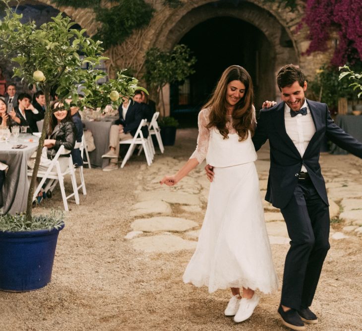 First Dance | Boho Bride in Veronica Miranda Bridal Separates & Flower Crown & Groom in Navy Suit & Bow Tie