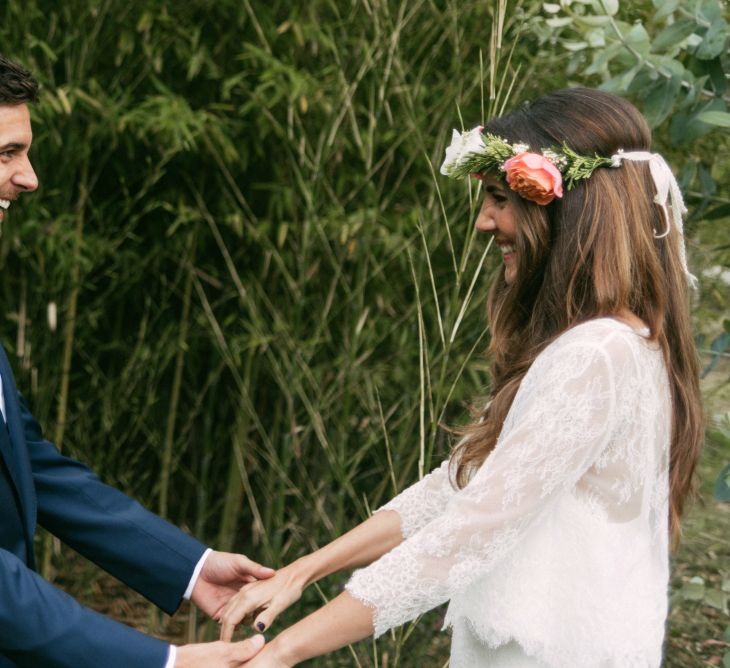 First Look | Boho Bride in Veronica Miranda Bridal Separates & Flower Crown & Groom in Navy Suit & Bow Tie