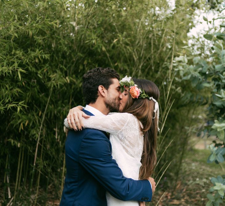 First Look | Boho Bride in Veronica Miranda Bridal Separates & Flower Crown & Groom in Navy Suit & Bow Tie