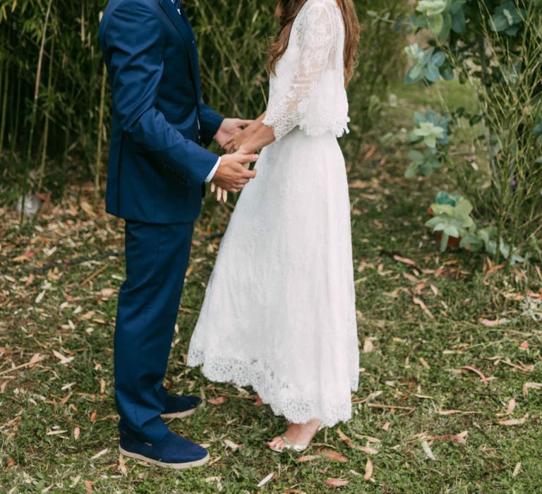 First Look | Boho Bride in Veronica Miranda Bridal Separates & Flower Crown & Groom in Navy Suit & Bow Tie