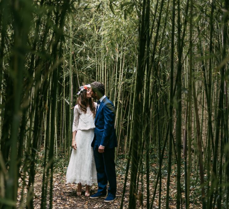 Boho Bride in Veronica Miranda Bridal Separates & Flower Crown & Groom in Navy Suit & Bow Tie