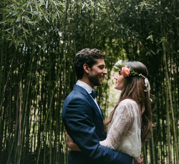 Boho Bride in Veronica Miranda Bridal Separates & Flower Crown & Groom in Navy Suit & Bow Tie